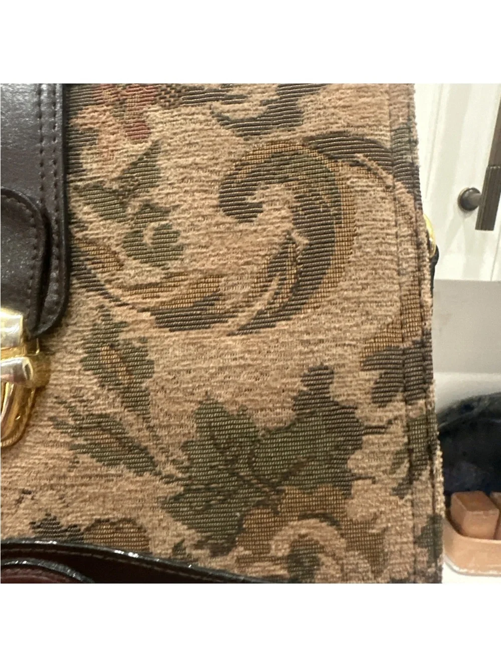 Vintage Gold Coast Tapestry Carpet Bag Hard Purse Floral Leather Trim No Strap